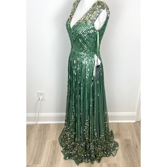 Mac Duggal Sequin And Floral Embellished Evening Gown In Sage 5223 Size 8 New - Picture 9 of 16